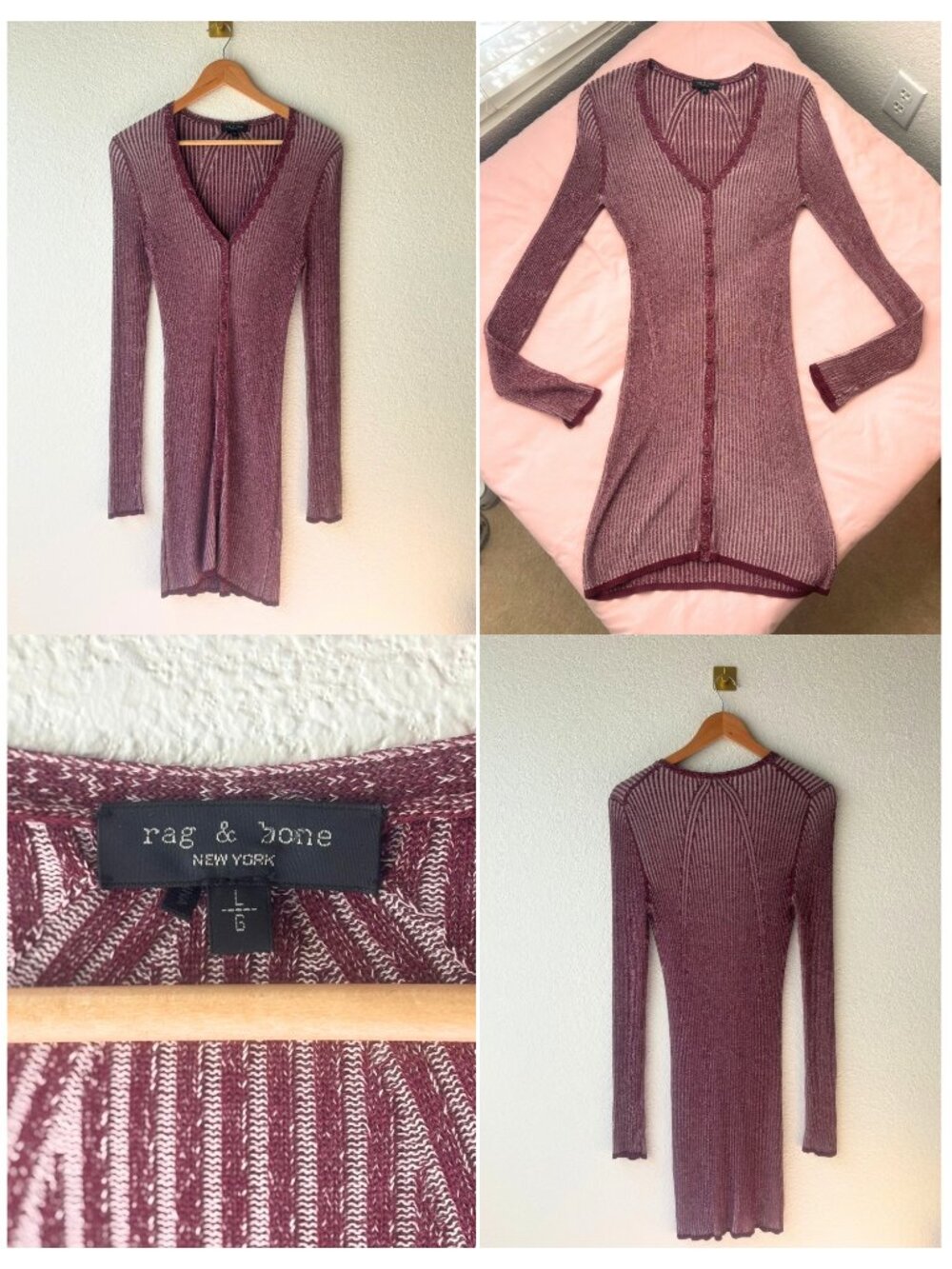 rag & bone Alexis Ribbed Knit Midi Dress Burgandy Long Sleeve Women's Size Large